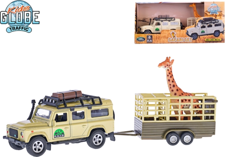 Fém terepjáró utánfutóval és zsiráffal 14 cm – LAND ROVER DEFENDER visszahúzós
