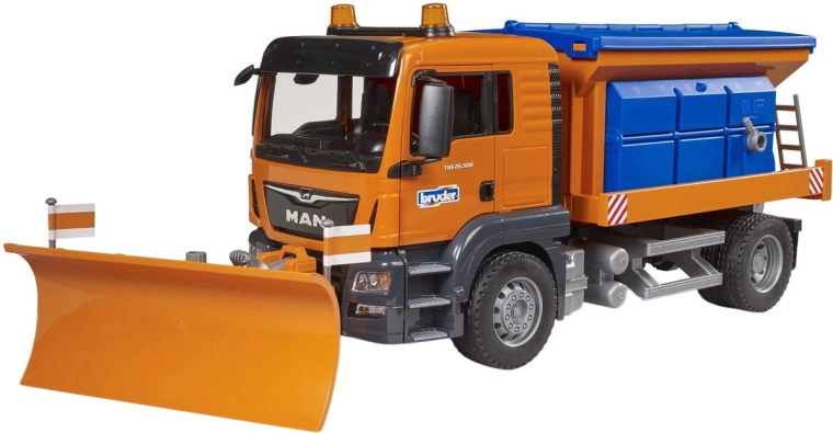 Bruder MAN TGS téli karbantartó jármű szóróberendezéssel és tolólappal, 1:16