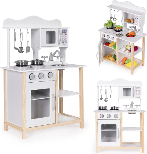 Fehér Ecotoys fa gyerekkonyha sütővel és kiegészítőkkel