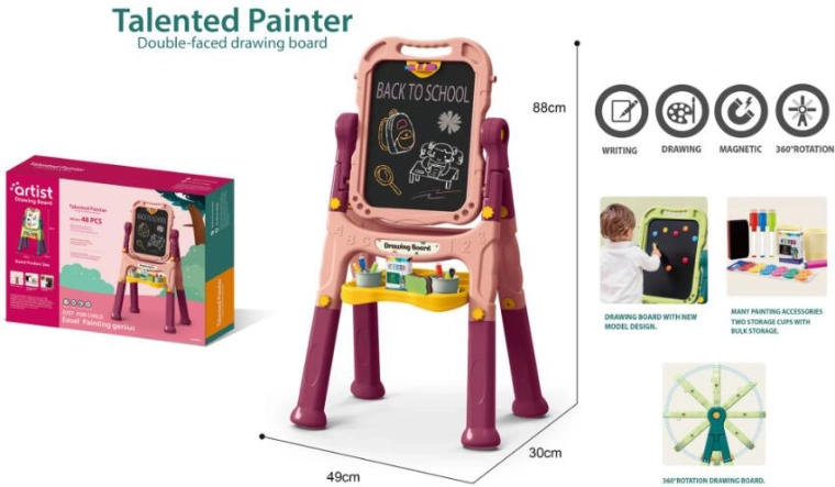 Gyermek művésztábla 48 db – rózsaszín, kétoldalas krétás és mágneses