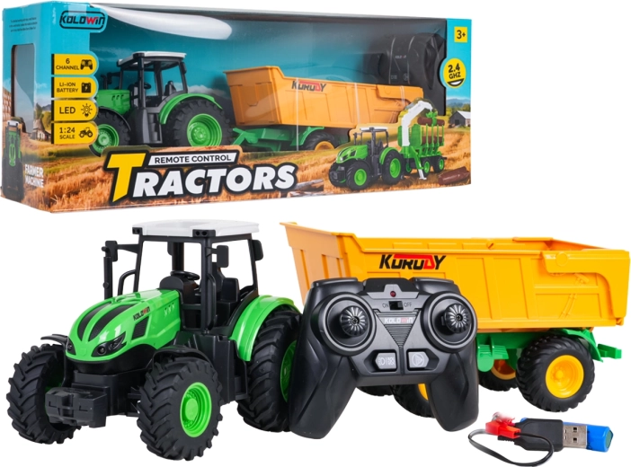 Távirányítású traktor sárga billenős pótkocsival, 1:24