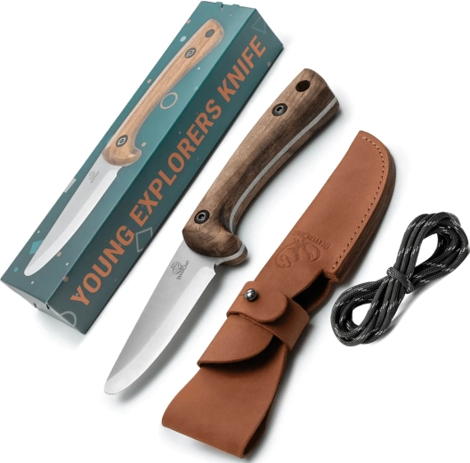 Gyerek bushcraft kés kékített szénacél pengével és bőrtokkal