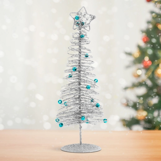 Csillogó ezüstszínű fém karácsonyfa, 28 cm