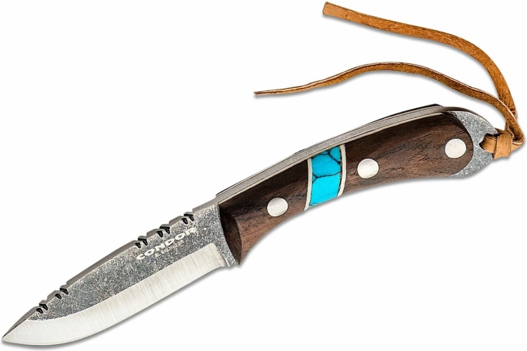 CONDOR Blue River nyakba akasztható kés 5,9 cm, diófa, türkiz, bőrtok