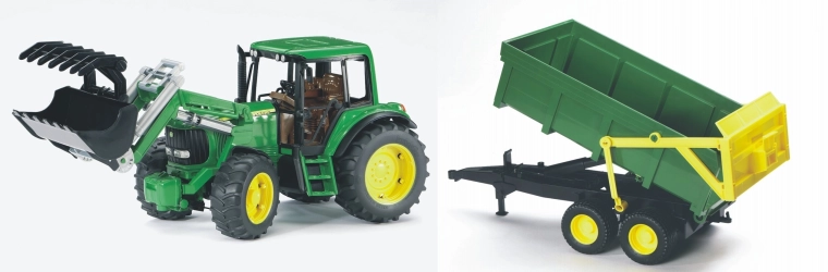 Bruder John Deere 6920 traktor homlokrakodóval és pótkocsival