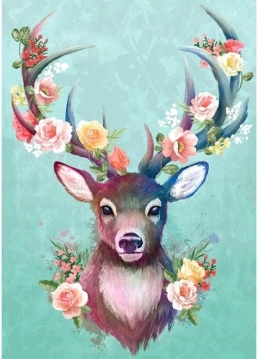 Gyémántfestés – virágos aganccsal rendelkező kis őz 30 × 40 cm
