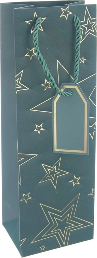 Ajándék papírtáska borhoz csillag mintával, zöld, 12 × 9 × 36 cm