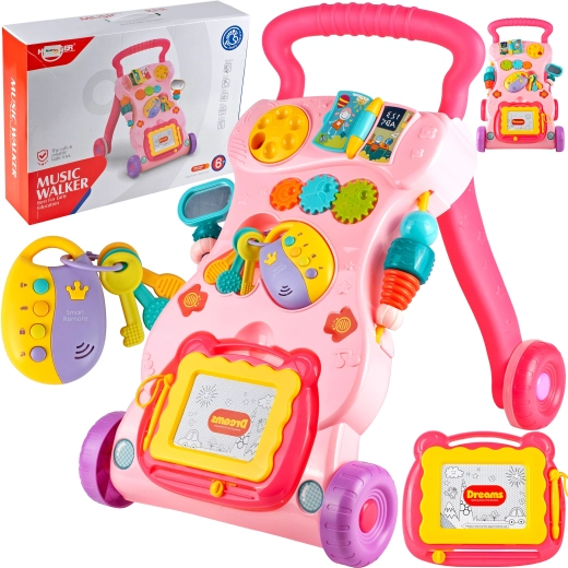 Járássegítő táblával és kulcsokkal, rózsaszín