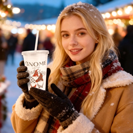 Karácsonyi műanyag pohár szívószállal és fedéllel, 473 ml