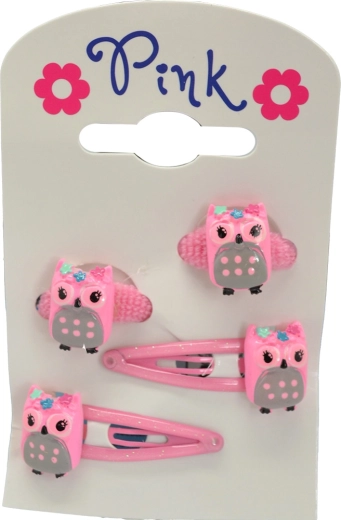 Nagy bagoly mintás hajcsat- és hajgumikészlet – rózsaszín