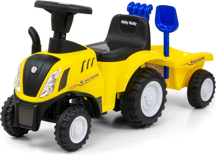 Milly Mally New Holland T7 licencelt gyermek lábbal hajtható traktor felhajtható utánfutóval, sárga