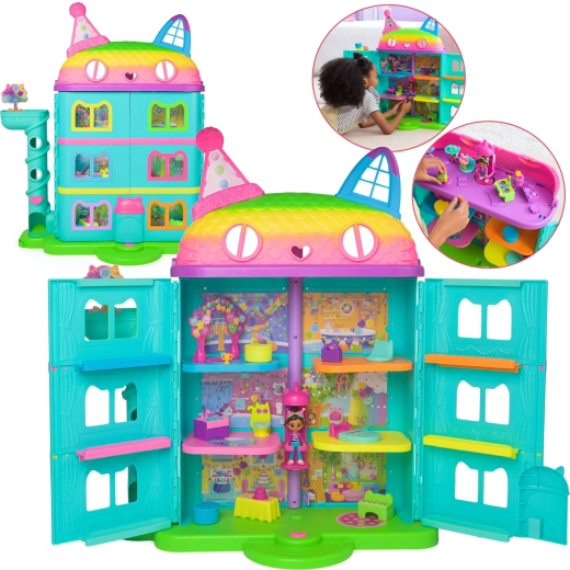 Outletos szivárványos Gábi babaház lifttel és Gabby's Celebration Dollhouse babával, hangokkal