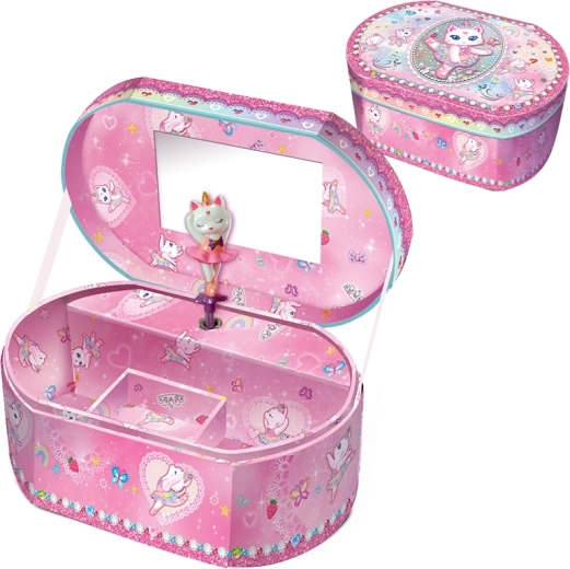 Zenélő ovális ékszerdoboz cicás motívummal