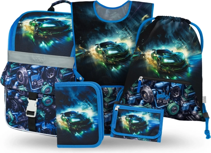Baagl iskolai szett 5 db Zippy versenyautó – iskolatáska, tolltartó, tornazsák, kötény és pénztárca