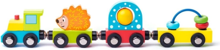 Fából készült vonat sünivel és játékokkal Woody