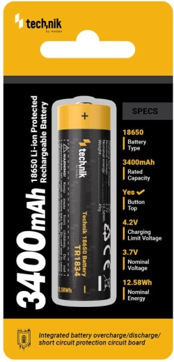 Újratölthető Li–Ion akkumulátor 18650 3400 mAh 3,7 V védelemmel Technik