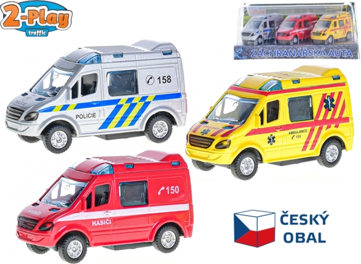 2-Play Traffic mentőszolgálati fém autókészlet, 8 cm, visszahúzós