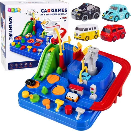 Interaktív autópálya akadályokkal és parkolóval, 4 autóval és helikopterrel – kék