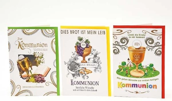 Kommuniós/elsőáldozási üdvözlőkártya – 100 db-os készlet, 3 motívum, 11,5 × 17,5 cm