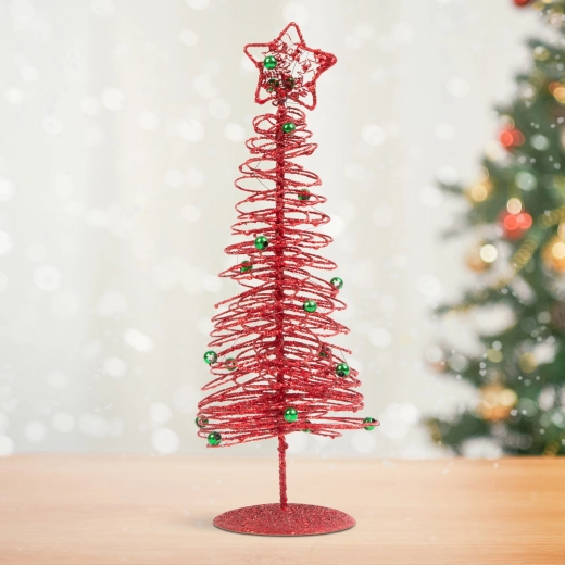 Csillogó piros fém karácsonyfa, 28 cm