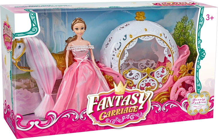 Varázslatos rózsaszín hintó Pegazussal és babával, fénnyel és hanggal