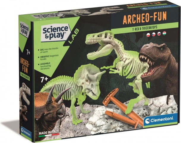 Clementoni Science & Play ArcheoFun: T‑Rex és Triceratops – ásatási készlet világító csontvázakkal