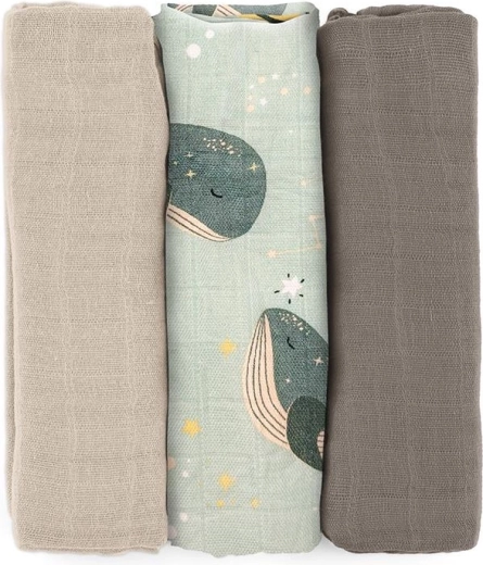 Petite&Mars bambusz muszlin pelenkák Moussy whale song 68 × 68 cm, 3 db