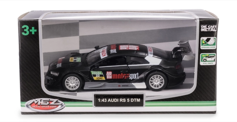 Audi RS 5 DTM modellautó 1:43 fekete fém, nyitható ajtókkal és felhúzós (pull-back) meghajtással