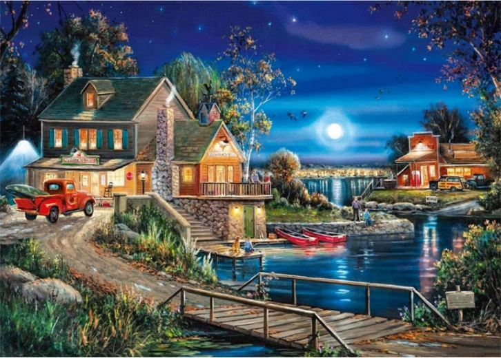 Gyémántkirakó (diamond painting) Gospodarstwo nocą 40 × 30 cm