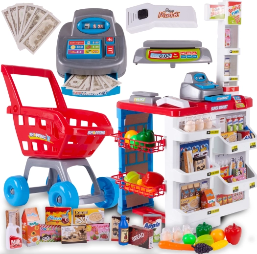 Szupermarket pénztárral és bevásárlókocsival