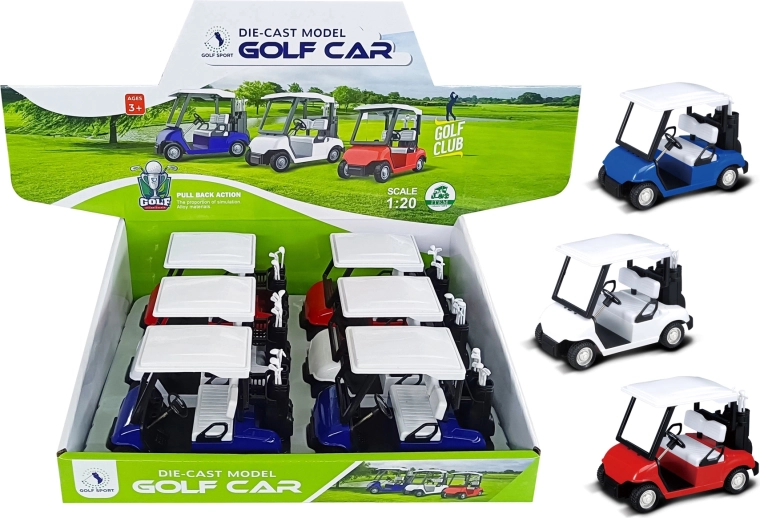 Fém golfkocsi modell 1:20 méretarányban, hátrahúzós felhúzó mechanizmussal (színmix)