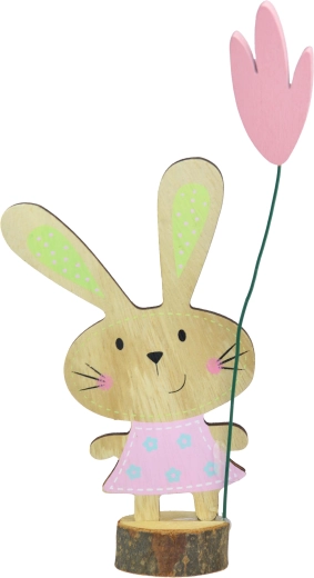 Fából készült dekoráció – nyuszi fatönkön, 17 cm