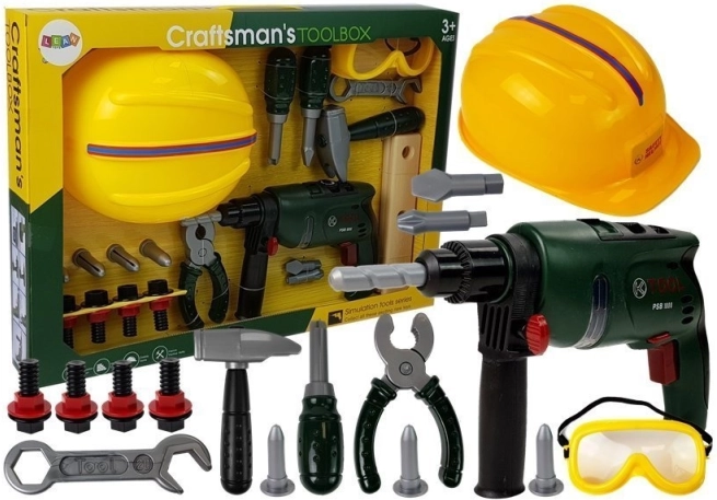 Gyerekműhely eszközkészlet fúrógéppel, védőszemüveggel és sisakkal