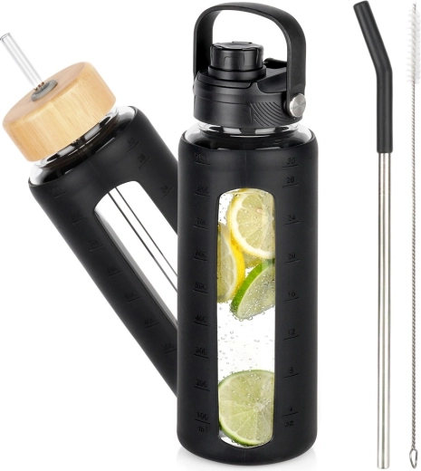 Üveg vizespalack fekete szilikon tokkal és cserélhető kupakokkal, 1 l