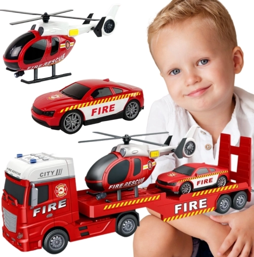 Woopie tűzoltó vontató jármű helikopterrel és világítással, valamint hanghatásokkal ellátott autóval