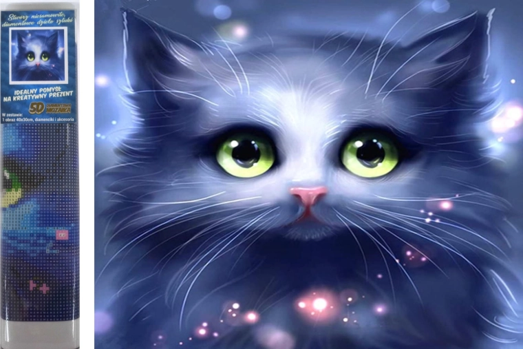 Gyémántszemes festés szürke kiscicával 30 × 40 cm