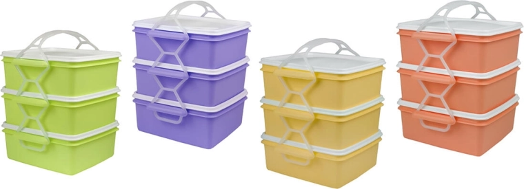 Háromszintes ételhordó, 3 × 1,2 l, szögletes, műanyag, vegyes színek