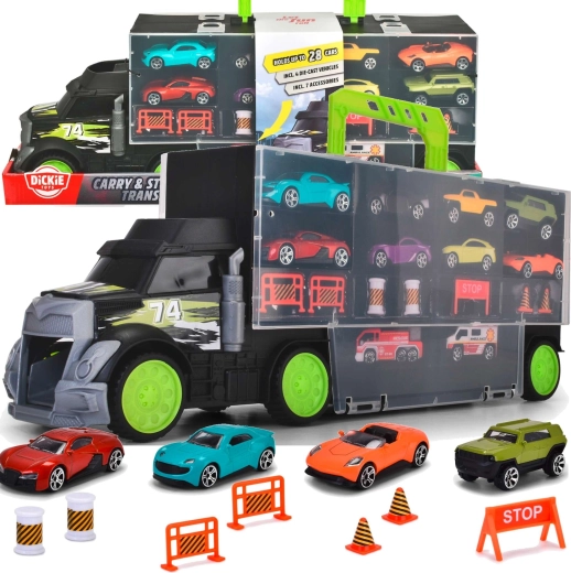 Dickie Toys autószállító és bőrönd kisautókkal és közlekedési kiegészítőkkel