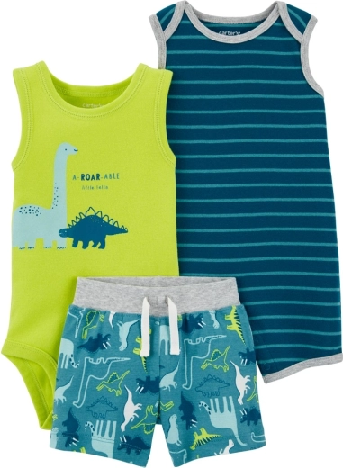 Carter's nyári szett fiúknak Stripes Dinos – rövid ujjú rugdalózó, ujjatlan body és rövidnadrág (3 db)