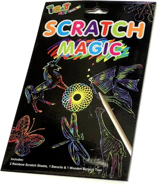 Szivárványos kaparólapok sablonokkal és fa tollal