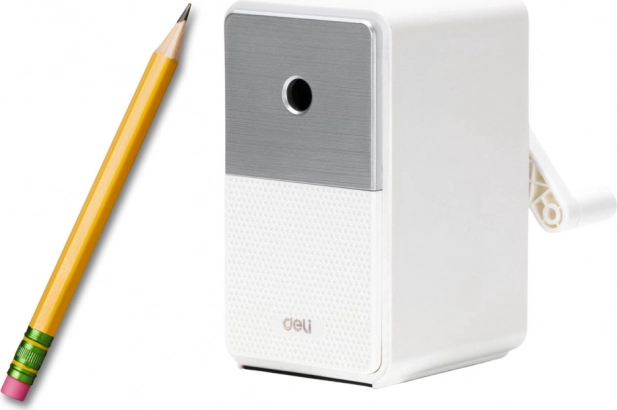 Kézi ceruzahegyező tartállyal és állítható éllel, fehér