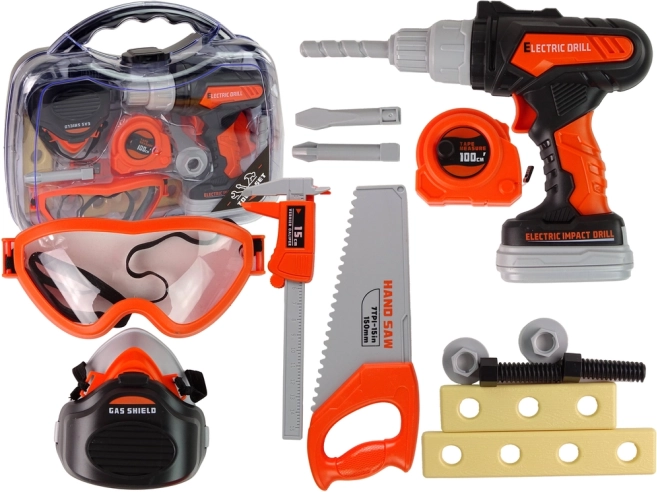 Szerszámkészlet elektromos fúróval és védőszemüveggel