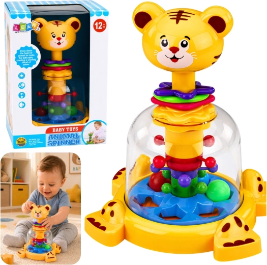 Interaktív tigris csörgőpörgettyű babáknak, örvénylő golyókkal