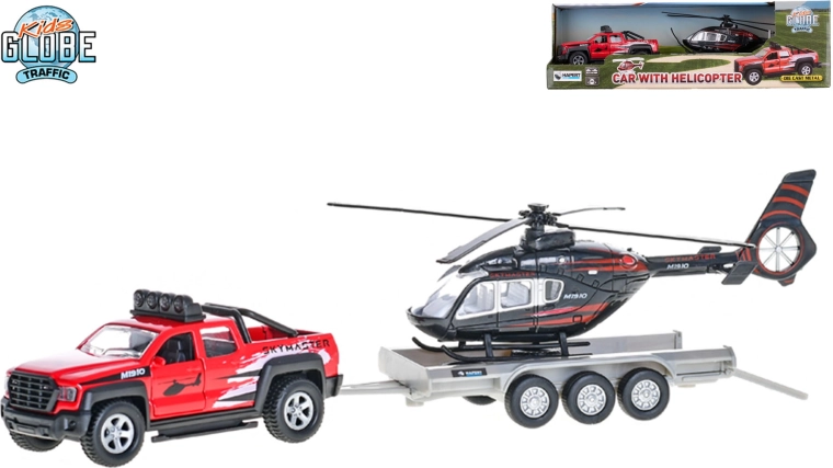 Kids Globe Traffic terepjáró utánfutóval és helikopterrel, felhúzós visszahúzós mechanizmussal