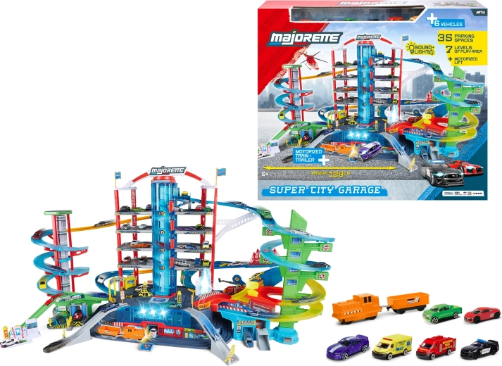 Majorette Super City Garage hétemeletes garázs 6 kisautóval és vonattal