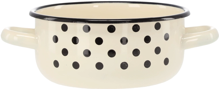 Zománcozott nyeles lábas két füllel, 1,5 l, 16 cm, fehér pöttyös