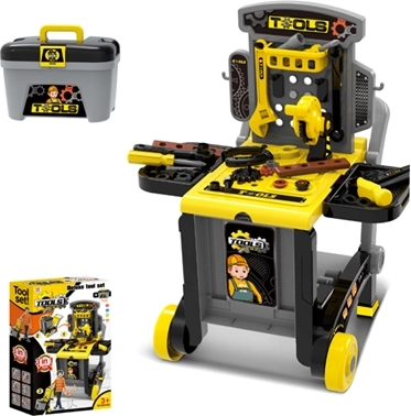 Gyermek műhely szerszámokkal, szekrénnyel és kocsival