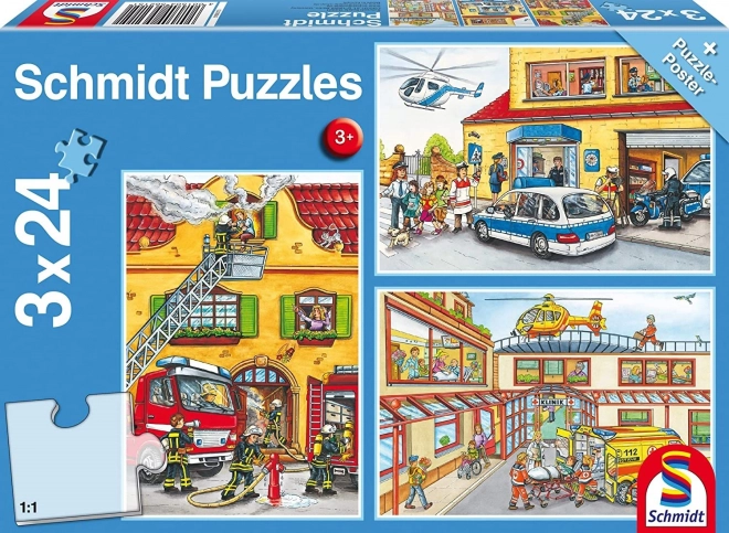 Rendőrség, tűzoltók és mentők puzzle 3x24 darab