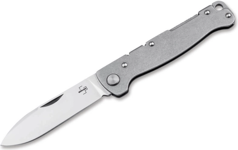 Böker Plus Atlas Drop Point zsebkés 7,1 cm, szatén, Stonewash acél