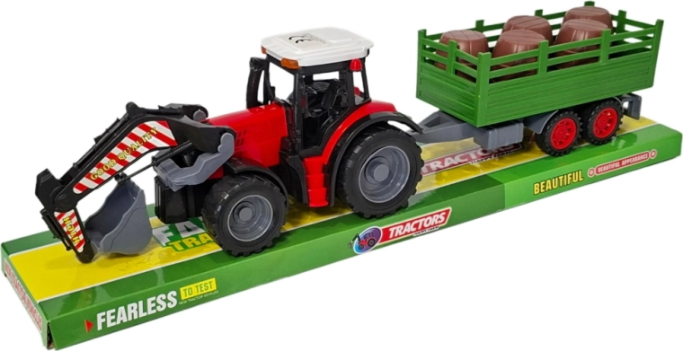 Traktor utánfutóval és elülső rakodóval – mezőgazdasági készlet gyerekeknek